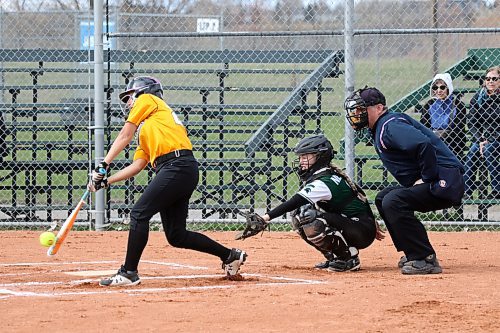 Plainsmen Grace Bakan connects with a pitch in the first inning. (Thomas Friesen/The Brandon Sun)