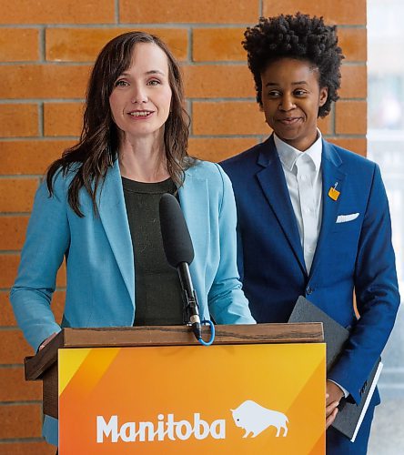 MIKE DEAL / FREE PRESS
Advanced Education and Training Minister R&#xe9;nee Cable (speaking) and Health, Seniors and Long-Term Care Minister Uzoma Asagwara (right) announce during a media event at the John Buhler Research Centre, 715 McDermot Ave, Wednesday morning, that the Manitoba government is growing its physician workforce by funding more training seats for family physician graduates.
See Carol Sanders story
240501 - Wednesday, May 01, 2024.