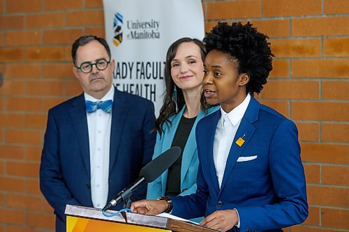 MIKE DEAL / FREE PRESS
Health, Seniors and Long-Term Care Minister Uzoma Asagwara (speaking) and Advanced Education and Training Minister R&#xe9;nee Cable (centre) and Dr. Peter Nickerson, vice-provost (health sciences), Max Rady College of Medicine, University of Manitoba (left) announce during a media event at the John Buhler Research Centre, 715 McDermot Ave, Wednesday morning, that the Manitoba government is growing its physician workforce by funding more training seats for family physician graduates.
See Carol Sanders story
240501 - Wednesday, May 01, 2024.