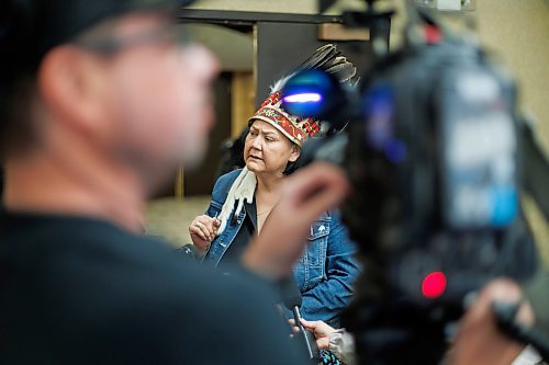 MIKE DEAL / FREE PRESS
Grand Chief Cathy Merrick, Assembly of Manitoba Chiefs speaks during a press conference that the Assembly of Manitoba Chiefs (AMC) held, at the CanadInns Regent Wednesday morning, in support of Chief Gordon Bluesky and Seven First Nations, regarding their Statement of Claim about the Red River Sewage Leak.
See Nicole Buffie story
240501 - Wednesday, May 01, 2024.