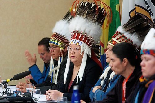 MIKE DEAL / FREE PRESS
National Chief Cindy Woodhouse-Nepinak (centre), Assembly of First Nations speaks during a press conference that the Assembly of Manitoba Chiefs (AMC) held, at the CanadInns Regent Wednesday morning, in support of Chief Gordon Bluesky and Seven First Nations, regarding their Statement of Claim about the Red River Sewage Leak.
See Nicole Buffie story
240501 - Wednesday, May 01, 2024.