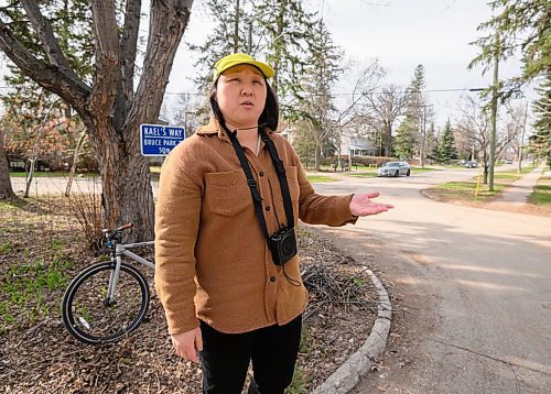 Mike Sudoma/Free Press
Dressed in her tour guide attire city planner Choi Ho stops in at one of the many locations along the route of the Jane&#x2019;s Walk event Tuesday evening
April 30, 2024