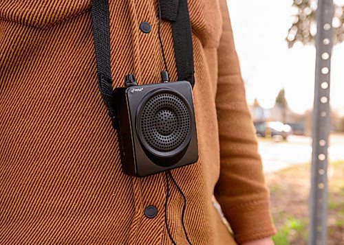 Mike Sudoma/Free Press
Choi Ho&#x2019;s mini amplifier which she uses with a microphone to be heard by the Jane&#x2019;s Walk attendees
April 30, 2024