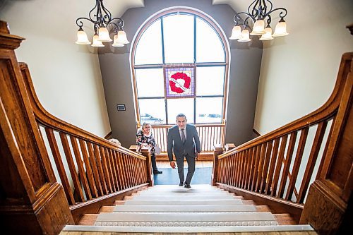 MIKAELA MACKENZIE / FREE PRESS

Premier Wab Kinew walks up the stairs at Memorial Hall to announce funding for Carman Wellness Connections and a memorial in Carman on Wednesday, May 1, 2024. 


For Erik story.