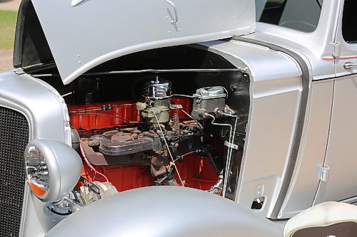 Engine from a mid-sixties era Chevy truck in Gray's 1934 hotrod. It is an inline six-cylinder 292 cubic inch, or 4.8 litre. (Charlotte McConkey/The Brandon Sun)