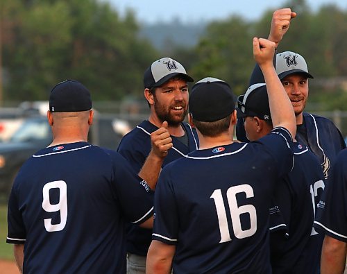 Andrew Richards celebrates with his Minnedosa Mavericks teammates after they upset the Carberry Royals in two games to win their semifinal series during the Santa Clara Baseball League playoffs. Minnedosa fell in the final to the Plumas Pirates but their Cinderella run in their first season back from a hiatus was a good news story for the league. (Perry Bergson/The Brandon Sun)