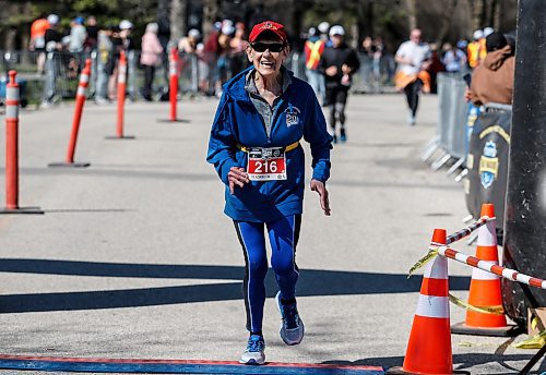 JOHN WOODS / FREE PRESS
Beth Taylor Greig, 72, finishes the WPS half marathon at Assiniboine Park  in Winnipeg, Sunday, May 5, 2024.

Reporter: standup