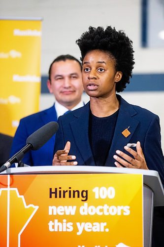 MIKAELA MACKENZIE / FREE PRESS
	
	
Health minister Uzoma Asagwara speaks at a press conference announcing a plan to hire 100 more doctors this year on Thursday, April 11, 2024.

For Katie story.