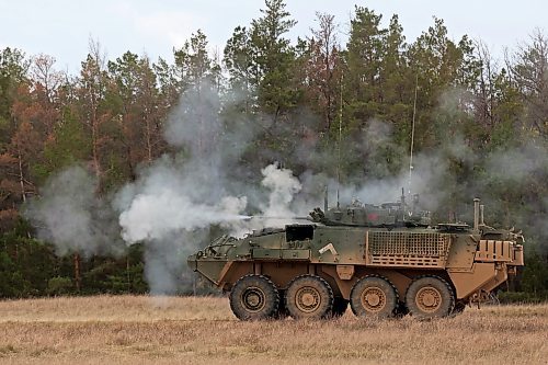 Cannon fire shoots from the LAV 6 at the CFB Shilo range on Monday. (Tim Smith/The Brandon Sun)