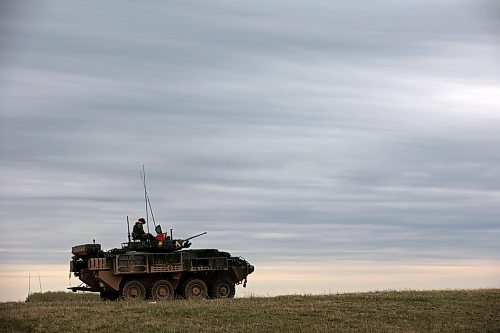 A crew member sits atop a LAV 6 armoured fighting vehicle during Monday's exercises. (Tim Smith/The Brandon Sun)