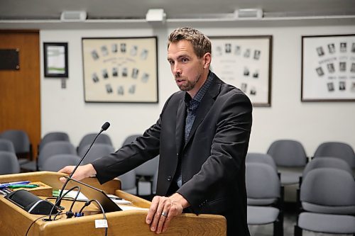 Brandon's director of planning and buildings Ryan Nickel speaks at Monday's Brandon City Council meeting. Following a presentation from Nickel, council voted unanimously to allocate the first funds it has received from the federal Housing Accelerator Fund toward housing incentive programs. (Colin Slark/The Brandon Sun)