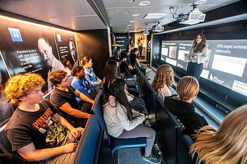 MIKAELA MACKENZIE / FREE PRESS

Educator Elena Kingsbury leads a workshop on human rights with grade 10 Shaftesbury High School students on the Tour for Humanity mobile education centre on Monday, May 6, 2024. 


For John Longhurst story.
