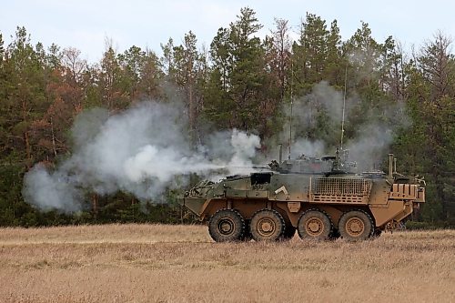 06052024
Soldiers with 2nd Battalion, Princess Patricia's Canadian Light Infantry alpha company fire the 25mm cannon on a LAV 6 armoured fighting vehicle while taking part in live-fire training using LAV 6&#x2019;s at the CFB Shilo range on Monday.    (Tim Smith/The Brandon Sun)