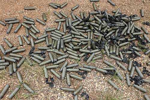 06052024
25mm artillery shell casings litter the ground as members of the 2nd Battalion, Princess Patricia's Canadian Light Infantry alpha company take part in live-fire training using LAV 6 armoured fighting vehicles at the CFB Shilo range on Monday.    (Tim Smith/The Brandon Sun)