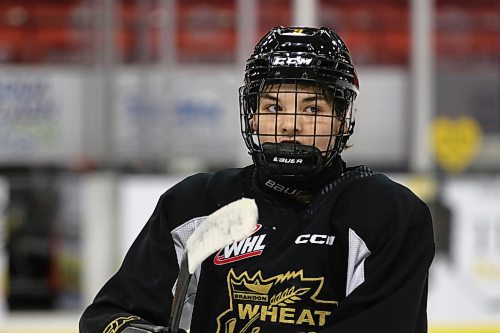 Brandon Wheat Kings prospect Jaxon Jacobson, shown at practice in December, scored in his Western Hockey League regular season debut the next night. The team took him fifth overall in the 2023 draft. (Perry Bergson/The Brandon Sun)