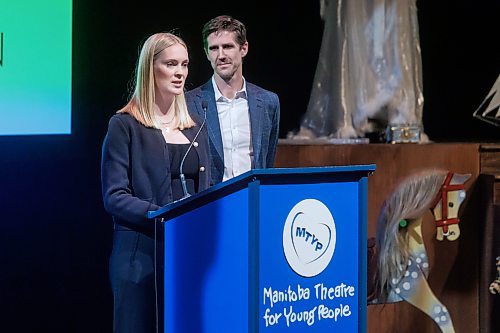 MIKE DEAL / FREE PRESS
Jane and Matt Johnston, Co-chairs of the MTYP Play It Forward Campaign, speak during the Manitoba Theatre for Young People launch of its largest fundraising campaign in its 42 year history.

240507 - Tuesday, May 07, 2024.