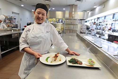 Manitoba Pork Blackbox Competition 2024 winner Meian (Amber) Yan with her winning appetizer and meal on Thursday. Photos: Abiola Odutola/The Brandon Sun