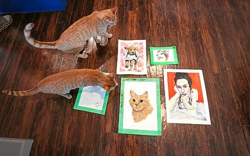 Ruth Bonneville / Free Press
49.8 - Creators - pet portraits
Journalist portraits of local artist, Annick Svistovski, working from home on painting portraits of pets from a photo her clients have provided for her. Her house cats love to hang around while she works.
Photo of Hawkins (top) and peaches (middle).
checking out some of Annick's work including a self-portrait of herself.
Story: 49.8 The Creators: Pet Portrait Artist
Annick is a painter who specializes in painting animal portraits from pictures which her clients send her. Sheճ currently painted cats and dogs only but is hoping to be able to paint other pets.
Story by AV Kitching
May 9th, 2024
