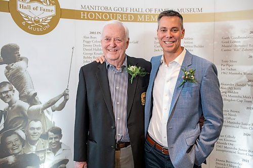 BROOK JONES / FREE PRESS
Gavin Speirs, 79, (left) and his son Adam Speirs at the 20th annual Manitoba Golf Hall of Fame induction ceremony hosted at the Breeszy Bend Country Club in Headingley, Man., Thursday, May 9, 2024. Gavin was honoured for the class of 2022 and Adam was honoured for the class of 2023.