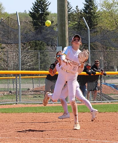 Westman Magic third baseman Charlie Shearer of Wawanesa (9) throws out a Eastman Wildcats runner at first base as shortstop Kylan Solomon of Yellowhead (17) covers her bag behind her on Sunday afternoon in Manitoba Premier Softball under-17 AAA action at Ashley Neufeld Softball Complex. (Perry Bergson/The Brandon Sun)
May 12, 2024