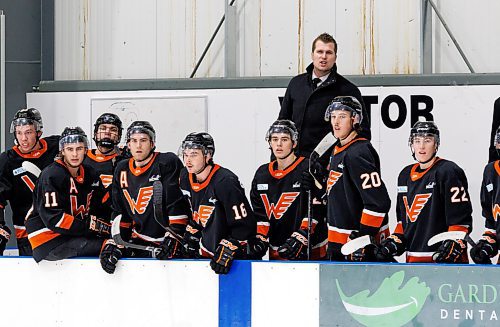 MIKE DEAL / WINNIPEG FREE PRESS
Winkler Flyers head coach Justin Falk.
Dauphin Kings play against the Winkler Flyers at the Seven Oaks Sportsplex Tuesday afternoon.
See Mike Sawatzky story
231024 - Tuesday, October 24, 2023.