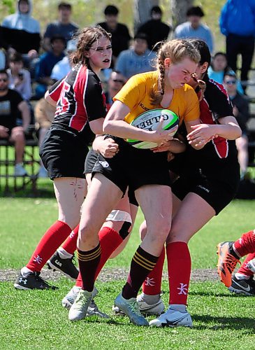 Crocus Plainsmen inside center Ocean Kominshin-Glass pushes her way forward despite a Swan Valley tackler's attempt to stop her during a recent Westman High School Rugby (WHSR) league tilt. (Jules Xavier/The Brandon Sun)