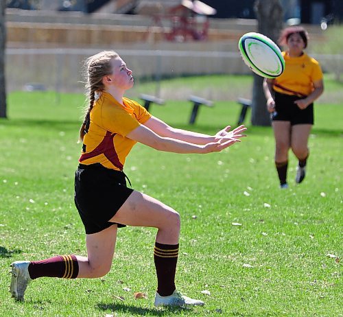 Senior inside center Ocean Kominshin-Glass moves in under a Swan Valley kickoff during a Westman High School Rugby league game, where her team Crocus Plainsmen defeated their visitors 52-0 to improve to 2-1. (Jules Xavier/The Brandon Sun)