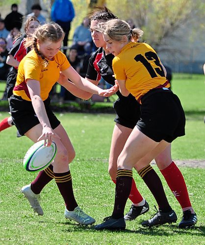 Future Brandon University Bobcats teammates starting this fall, Ocean Kominshin-Glass and Charli Merckx (13) combine to tackle and remove the ball from a Swan Valley player during their 52-0 win for the Crocus Plainsmen. (Jules Xavier/The Brandon Sun)