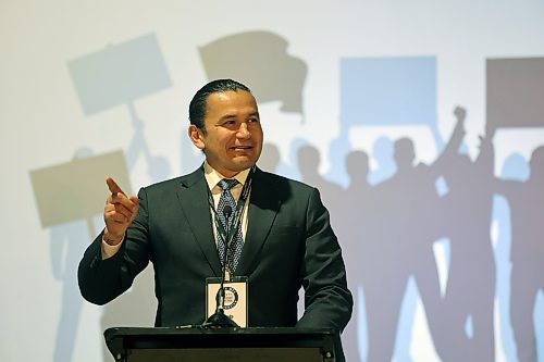 Premier Wab Kinew addresses delegates at the Manitoba Federation of Labour conference at the Keystone Centre in Brandon on Friday. (Colin Slark/The Brandon Sun)