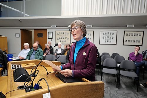 Betty Kelly of Knox United Church's outreach committee speaks in favour of proposed zoning changes put forward as part of Brandon's application to the federal Housing Acclerator Fund during a Planning Commission meeting on Wednesday evening. (Colin Slark/The Brandon Sun)