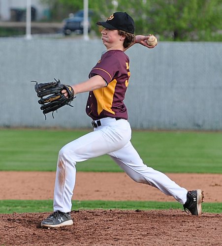 Crocus Plainsmen starting pitcher Hayden Foster went the distance, allowing 13 hits, three walks and two strikeouts during Wednesday's Game 1 of the best-of-three baseball city final at Andrews Field. His team dropped a 14-0 decision to the Vincent Massey Vikings. (Jules Xavier/The Brandon Sun)