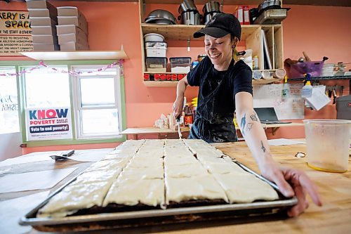 MIKE DEAL / FREE PRESS
****NOTE: MacK spells their name with a capital ‘K’****
MacK Parman one of the co-op members that runs the Eadha Bakery Worker Co-op.
Eadha Bakery at 577 Ellice Ave. is one of several local food establishments offering a pay-it-forward meal voucher program. Paying customers can make a donation to pre-pay for menu items, which are turned into vouchers posted on a board inside the bakery and available for use by customers who don’t have the means.
See Eva Wasney story
240515 - Wednesday, May 15, 2024.
