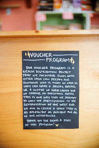 MIKE DEAL / FREE PRESS
Eadha Bakery Worker Co-op, (577 Ellice Ave) is one of several local food establishments offering a pay-it-forward meal voucher program. Paying customers can make a donation to pre-pay for menu items, which are turned into vouchers posted on a board inside the bakery and available for use by customers who don&#x2019;t have the means.
See Eva Wasney story
240515 - Wednesday, May 15, 2024.
