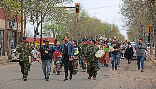 Participants with the Moose Hide Campaign march down Princess Avenue on Thursday afternoon in a bid to end violence against women and children in Canada. (Matt Goerzen/The Brandon Sun)