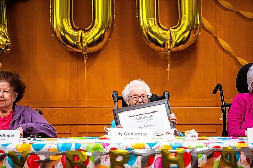 MIKAELA MACKENZIE / FREE PRESS

Centenarian resident Lily Guberman (102) holds up her certificate during a group birthday celebration at the Simkin Centre on Thursday, May 16, 2024.

For Tyler story.

