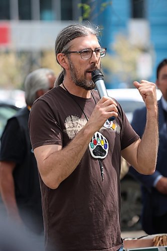 Coun. Kris Desjarlais (Ward 2), who chairs the Brandon Urban Aboriginal Peoples' Council, announces the start of the Moose Hide Campaign march down Princes Avenue, in a bid to end violence against women and children in Canada, Thursday afternoon. (Matt Goerzen/The Brandon Sun)