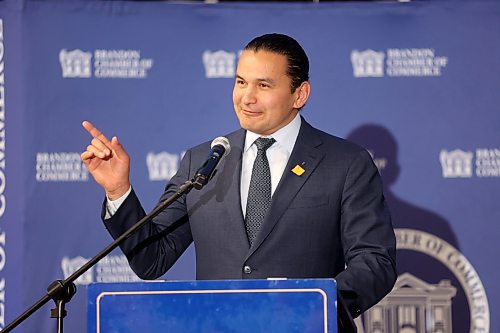 Manitoba Premier Wab Kinew gestures while giving the state of the province speech during a Brandon Chamber of Commerce luncheon on Thursday. (Matt Goerzen/The Brandon Sun)