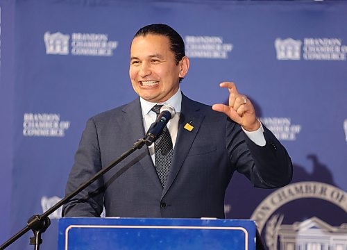 Manitoba Premier Wab Kinew gestures while giving the State of the Province speech during a Brandon Chamber of Commerce luncheon on Thursday. (Matt Goerzen/The Brandon Sun)