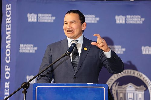 Manitoba Premier Wab Kinew gestures while giving the State of the Province speech during a Brandon Chamber of Commerce luncheon on Thursday. (Matt Goerzen/The Brandon Sun)