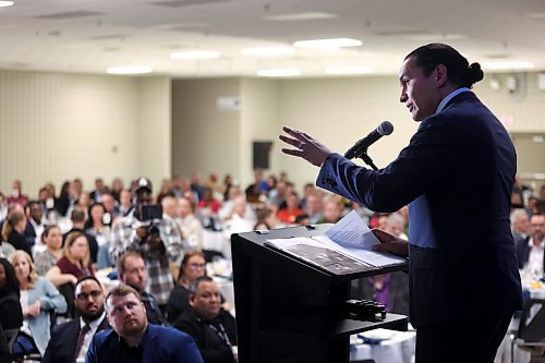 A business crowd listens intently to Manitoba Premier Wab Kinew while he delivers the State of the Province speech to a packed house during a Brandon Chamber of Commerce luncheon at the Keystone Centre on Thursday. (Matt Goerzen/The Brandon Sun)