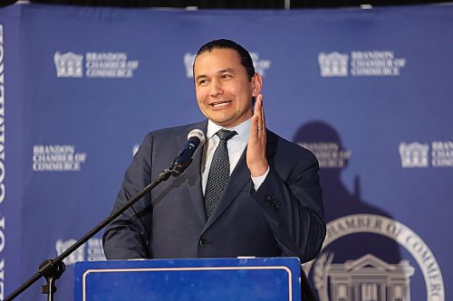 Manitoba Premier Wab Kinew gestures while giving the State of the Province speech during a Brandon Chamber of Commerce luncheon on Thursday. (Matt Goerzen/The Brandon Sun)