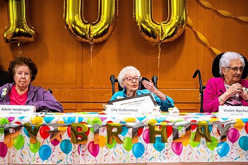 MIKAELA MACKENZIE / FREE PRESS

Centenarian resident Lily Guberman (102) blows kisses to the crowd during a group birthday celebration at the Simkin Centre on Thursday, May 16, 2024.

For Tyler story.

