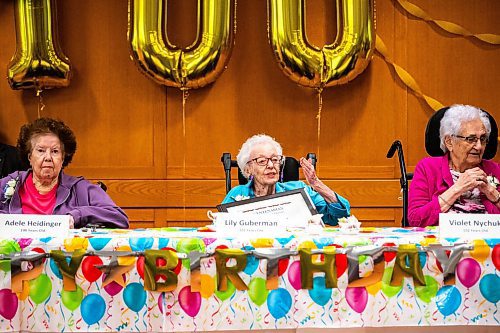 MIKAELA MACKENZIE / FREE PRESS

Centenarian resident Lily Guberman (102) blows kisses to the crowd during a group birthday celebration at the Simkin Centre on Thursday, May 16, 2024.

For Tyler story.


