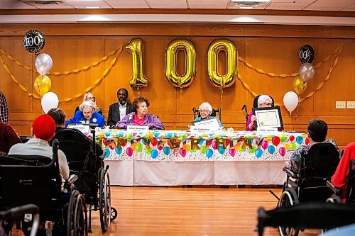 MIKAELA MACKENZIE / FREE PRESS

Centenarian residents Edith Allen (101, left), Adele Heidinger (100), Lily Guberman (102), and Violet Nychuk (102) take part in a group birthday celebration at the Simkin Centre on Thursday, May 16, 2024.

For Tyler story.


