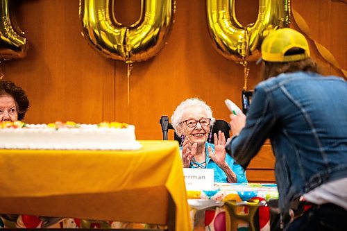 MIKAELA MACKENZIE / FREE PRESS

Centenarian resident Lily Guberman (102) poses for a photo during a group birthday celebration at the Simkin Centre on Thursday, May 16, 2024.

For Tyler story.

