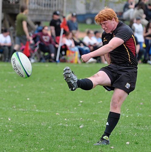 Colin Clark booted two converts for the Crocus Plainsmen during his team's 34-12 win over the visiting Vincent Massey Vikings during Westman High School Rugby action Friday afternoon. (Jules Xavier/The Brandon Sun)