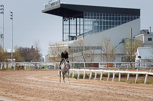 MIKE DEAL / FREE PRESS
Three-time leading jockey, Antonio Whitehall, working Exchequer on the muddy training track Friday morning at Assiniboia Downs.
See George Williams story
240517 - Friday, May 17, 2024.