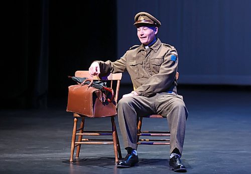 Acting as Captain John Weir Foote, the only chaplain to win the Victoria Cross during the Second World War, Canadian actor Marc A. Moir speaks about the lead up to Canada's actions in Dieppe during the Second World War in his performance of Padr X. Moir has performed the multi award-winning one-man play across Canada and was in Brandon for a private performance on Friday afternoon to a small group of school kids, and a publlic performance on Friday evening at the Western Manitoba Centennial Auditorium. (Matt Goerzen/The Brandon Sun)