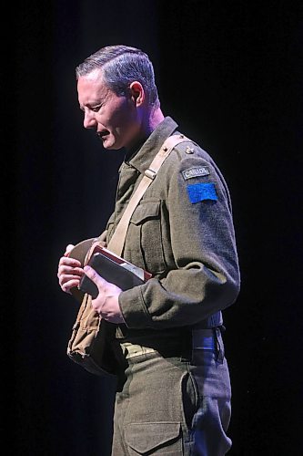 Head bowed in prayer on stage, Canadian actor Marc A. Moir delivers a powerful performance as Captain John Weir Foote, the only chaplain to win the Victoria Cross during the Second World War. Moir has performed the multi award-winning one-man play across Canada and was in Brandon for a private performance on Friday afternoon to a small group of school kids, and a publlic performance on Friday evening at the Western Manitoba Centennial Auditorium. (Matt Goerzen/The Brandon Sun)