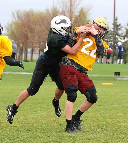 Roughriders receiver Ashton Opperman (12, dark green) jumps to try to wrestle the ball away from Ticats defender Kendrick Breemersch (22, gold) as he makes an interception during Westman Youth Football Association action at Boyd Stadium on a rainy and windy Saturday afternoon. The Ticats earned a 7-0 victory. (Perry Bergson/The Brandon Sun)
May 19, 2024